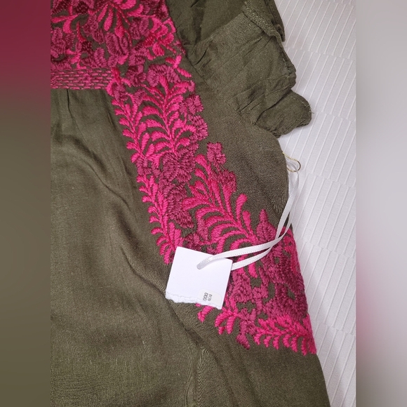 NWOT j.marie Linen Blend Isla Mae Olive Green Embroidered Tiered Boho Mini Dress - Picture 7 of 13